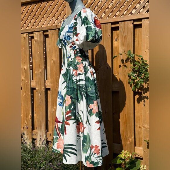 🆕 FARM Rio 🧿 NWOT Midnight Macaw Fiesta Linen Puff-Sleeve Midi Dress, Sz XXS - Picture 4 of 16